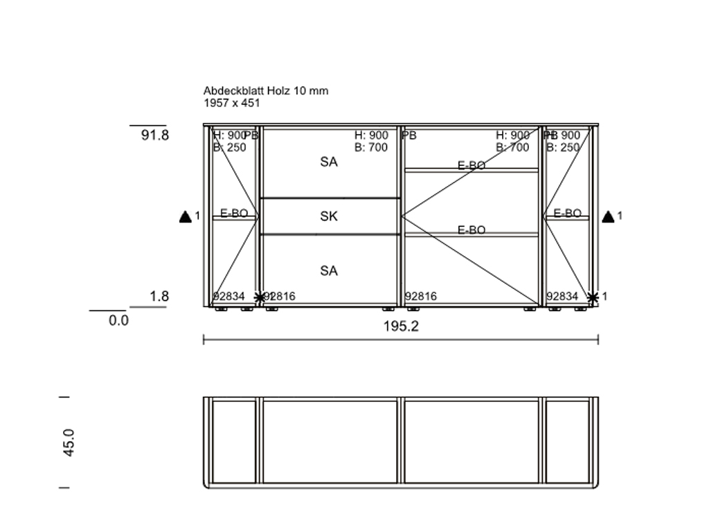 Schrankentwurf mit Dimensionen in Millimetern, dreiteilig mit Holzabdeckplatte
