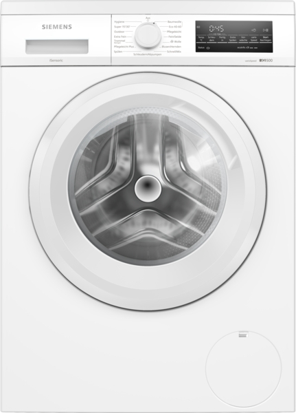 Siemens - Waschmaschine iQ500 | unterbaufähig | Frontlader 9 kg |1400 U/min. | WU14UT22 Frontansicht einer Siemens Waschmaschine mit modernem Bedienfeld und großer Tür.