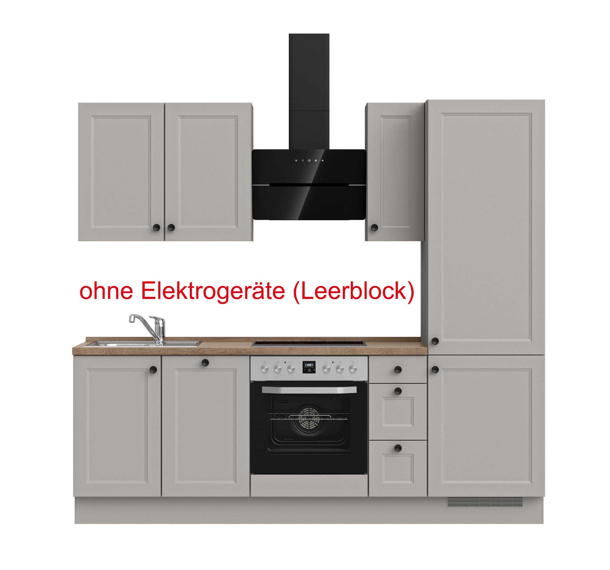 küchenzeile grau, braun mit Backofen, Herd, Dunstabzugshaube, Waschbecken, Armatur mit Hinweistext ohne Elektrogeräte (Leerblock) nobilia cascada