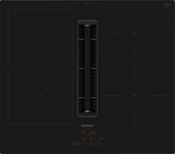 Siemens powerLine - Induktionskochfeld mit integriertem Dunstabzug iQ300 (60 cm) | flächenbündig | ED601BS16E Schwarzes Siemens Induktionskochfeld mit integriertem Dunstabzug und Touch-Bedienfeld