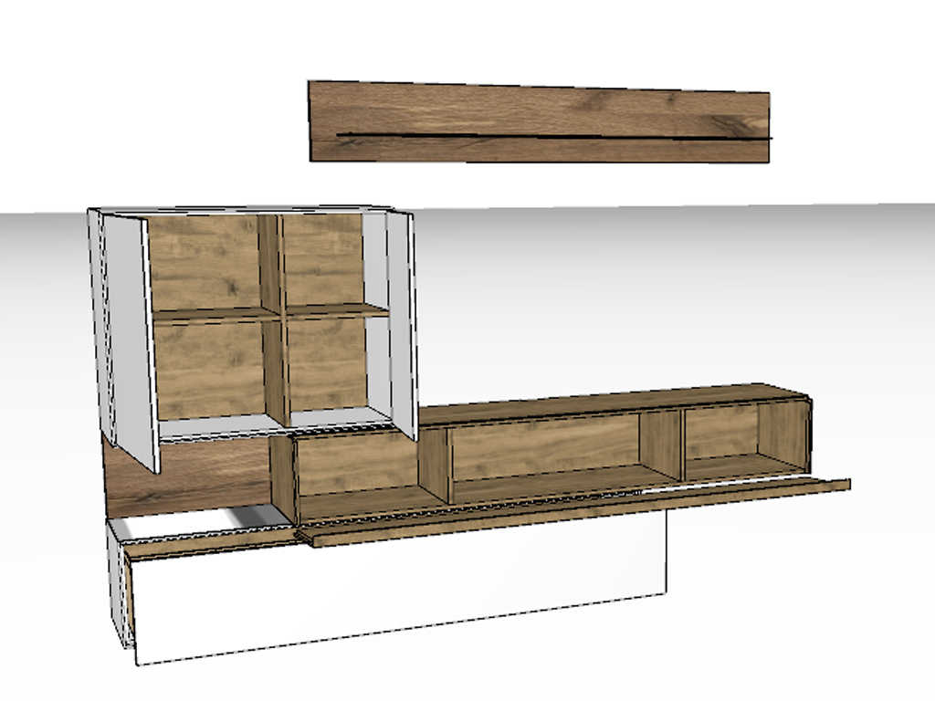 Eine 3D-Skizze oder ein Rendering der Hartmann Torido Wohnwand V28, die die einzelnen Module des Möbels, einschließlich des TV-Elements, des Hängeschranks mit Fächern und des Wandregals, in einer Draufsicht zeigt.