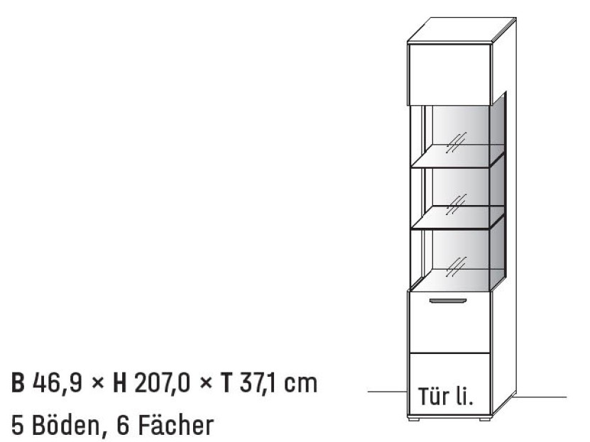 Illustration einer Vitrine mit Maßangabe und Bezeichnung vor weißem Hintergrund