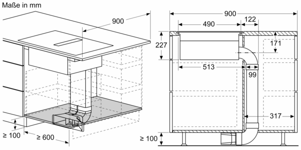 Technische Zeichnung mit Maßen in Millimetern für den Einbau einer Kücheneinbauabzugshaube mit Details zu Lüftung und Montage.