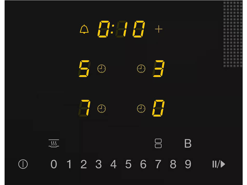 Nahaufnahme der beleuchteten Bedienelemente eines Miele Induktionskochfelds.