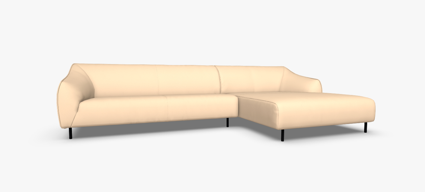 Ein cremefarbenes Ecksofa mit schwarzen Metallbeinen, elegant und modern gestaltet
