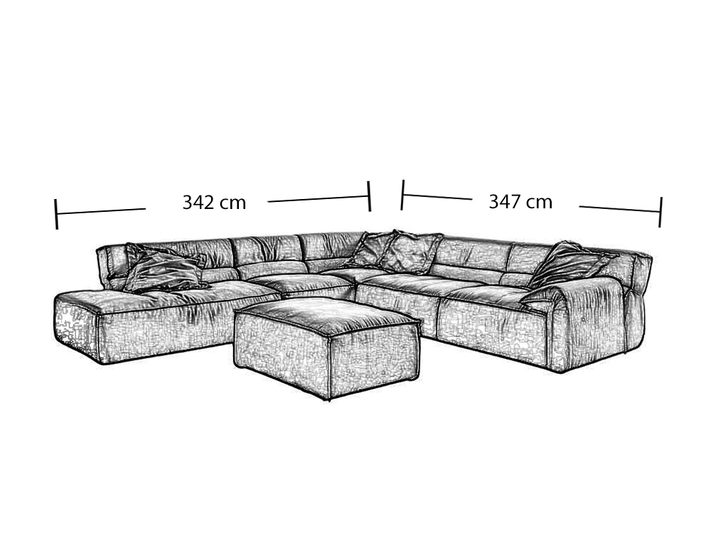 Eine technische Skizze eines dreiteiligen Sofas mit Chaiselongue. Die Gesamtbreite beträgt 315 cm, die Tiefe der Chaiselongue 186 cm und die Tiefe des Sofas 122 cm.