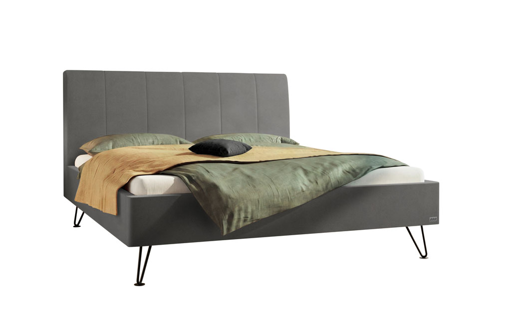 Freigestelltes Polsterbett in Grau mit eleganter vertikaler Steppung am Kopfteil und schwarzen Metallfüßen