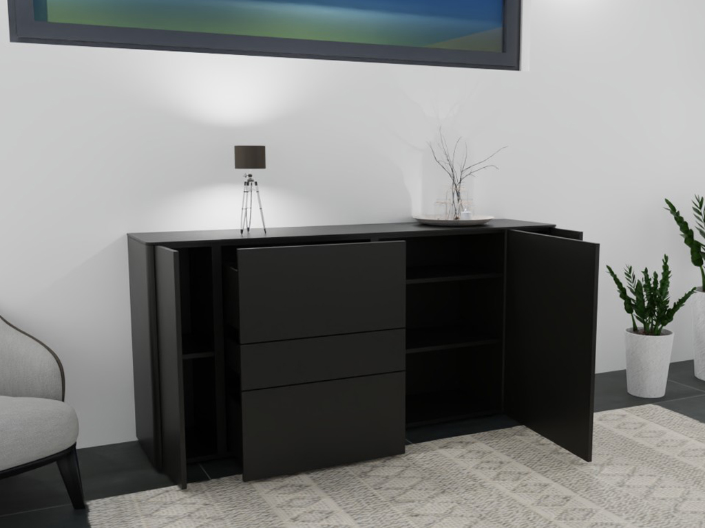 Elegante schwarze Kommode mit Schubladen und Türen, dekoriert mit Lampe und Pflanzen im modernen Wohnzimmer