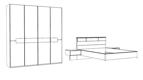Illustration eines viertürigen Schrankes und einem Bett mit Hängenachtschränken vor weißem Hintergrund