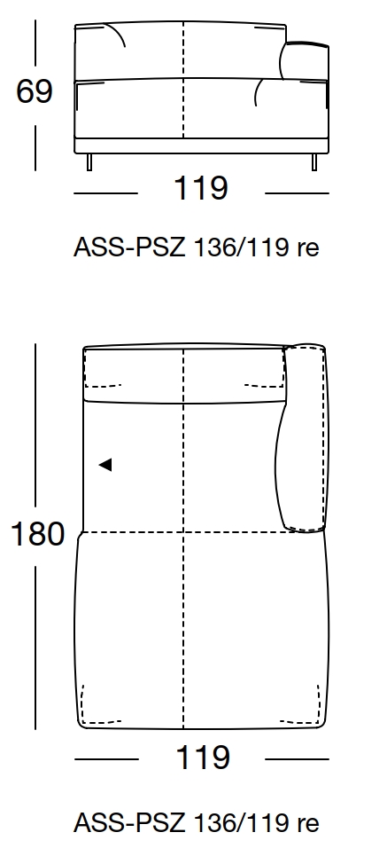 Maßzeichnung eines Sofaelements vor weißem Hintergrund freistil Rolf Benz 136