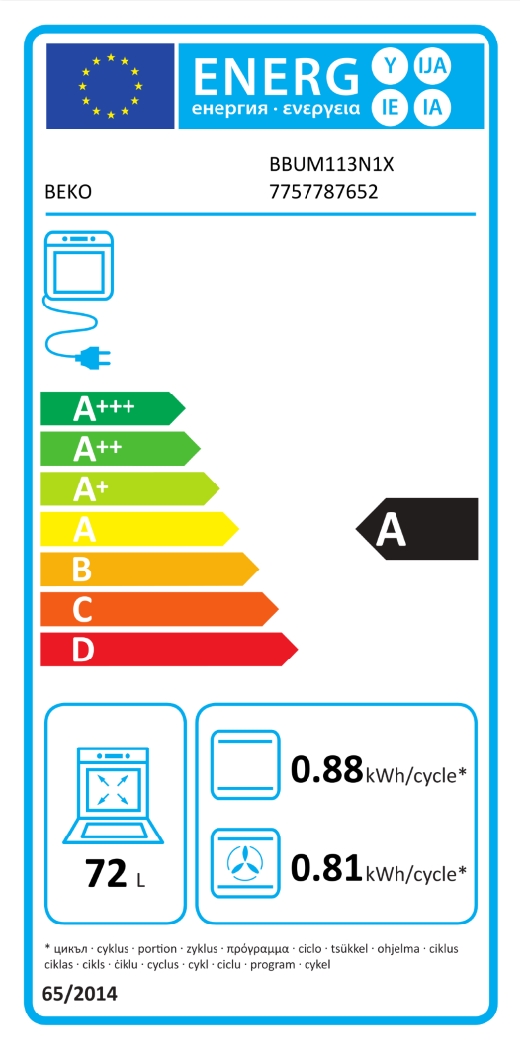EU-Energielabel für Beko Backofen BBUM113N1X mit Energieklasse A, 72 Liter Volumen, Energieverbrauch 0,88 kWh pro Zyklus, Lüfterverbrauch 0,81 kWh pro Zyklus.