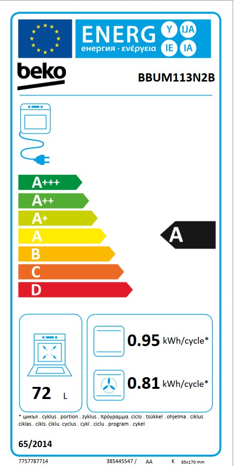 EU-Energielabel für Beko Backofen BBUM113N1X mit Energieklasse A, 72 Liter Volumen, Energieverbrauch 0,88 kWh pro Zyklus, Lüfterverbrauch 0,81 kWh pro Zyklus.