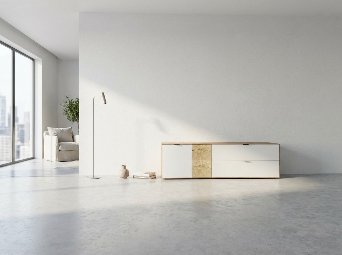 modernes weißs braunes Lowboard stilvoll dekoriert in einem hellen Zimmer