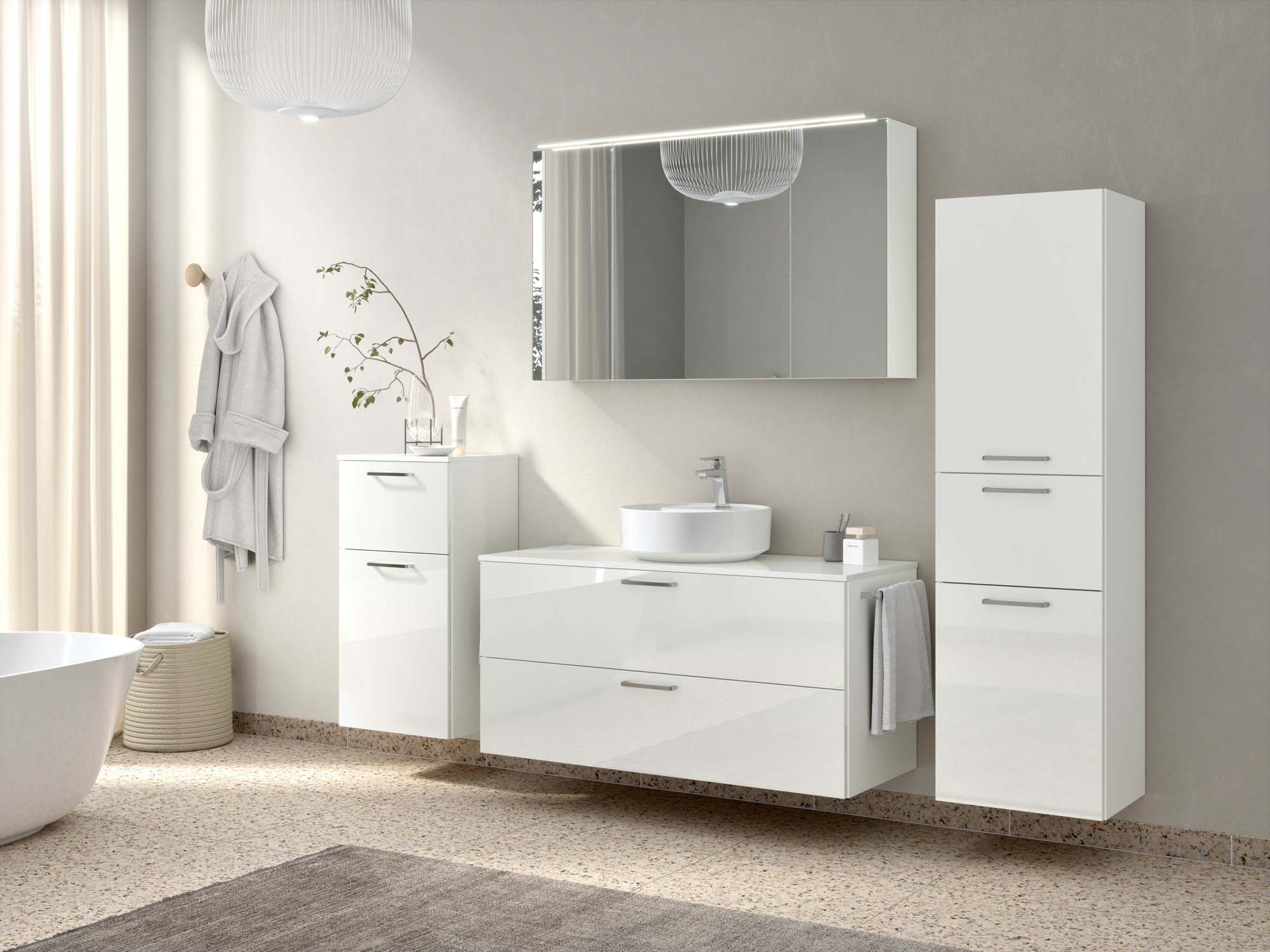 Badezimmermöbel-Set 3 Schränke weiß mit Waschtisch und Spiegelschrank nobilia