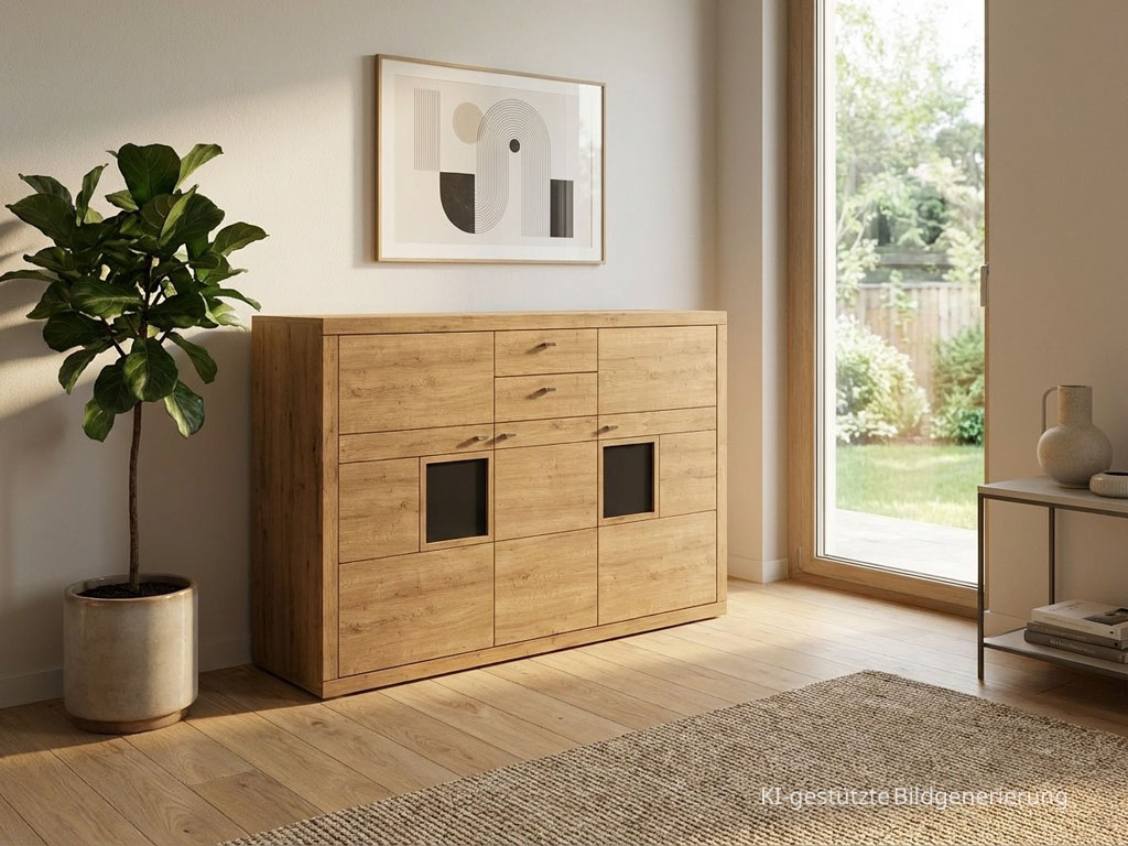 modernes braunes Highboard stilvoll dekoriert in einem hellen Raum, Bild KI generiert