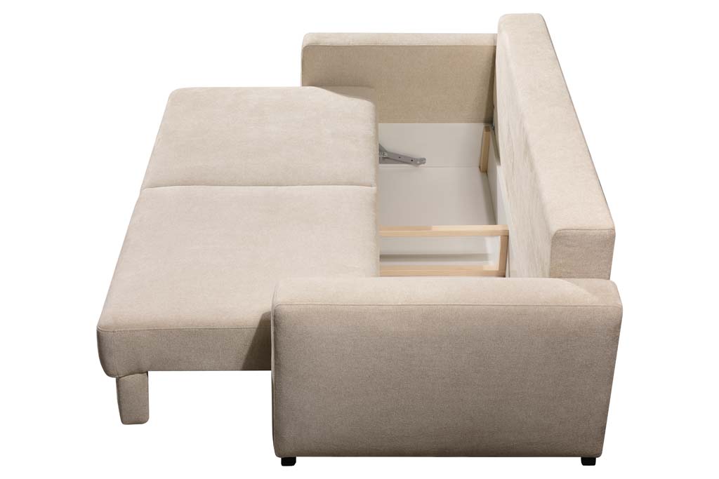 Beiges Ecksofa mit ausziehbarer Bettfunktion und verstecktem Stauraum