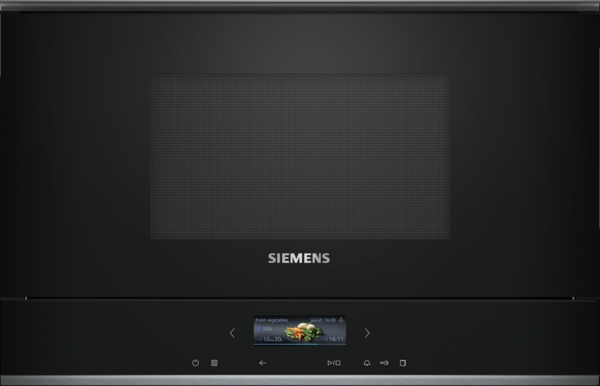 Siemens - Einbau-Mikrowelle iQ700 ( 60x38 cm) | BF722L1B1 Frontansicht einer Siemens Einbau-Mikrowelle mit modernem Touchscreen-Display