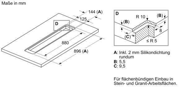 Technische Zeichnung mit Maßen für flächenbündigen Einbau in Stein- und Granit-Arbeitsflächen, inklusive Silikondichtung und Schnittansicht
