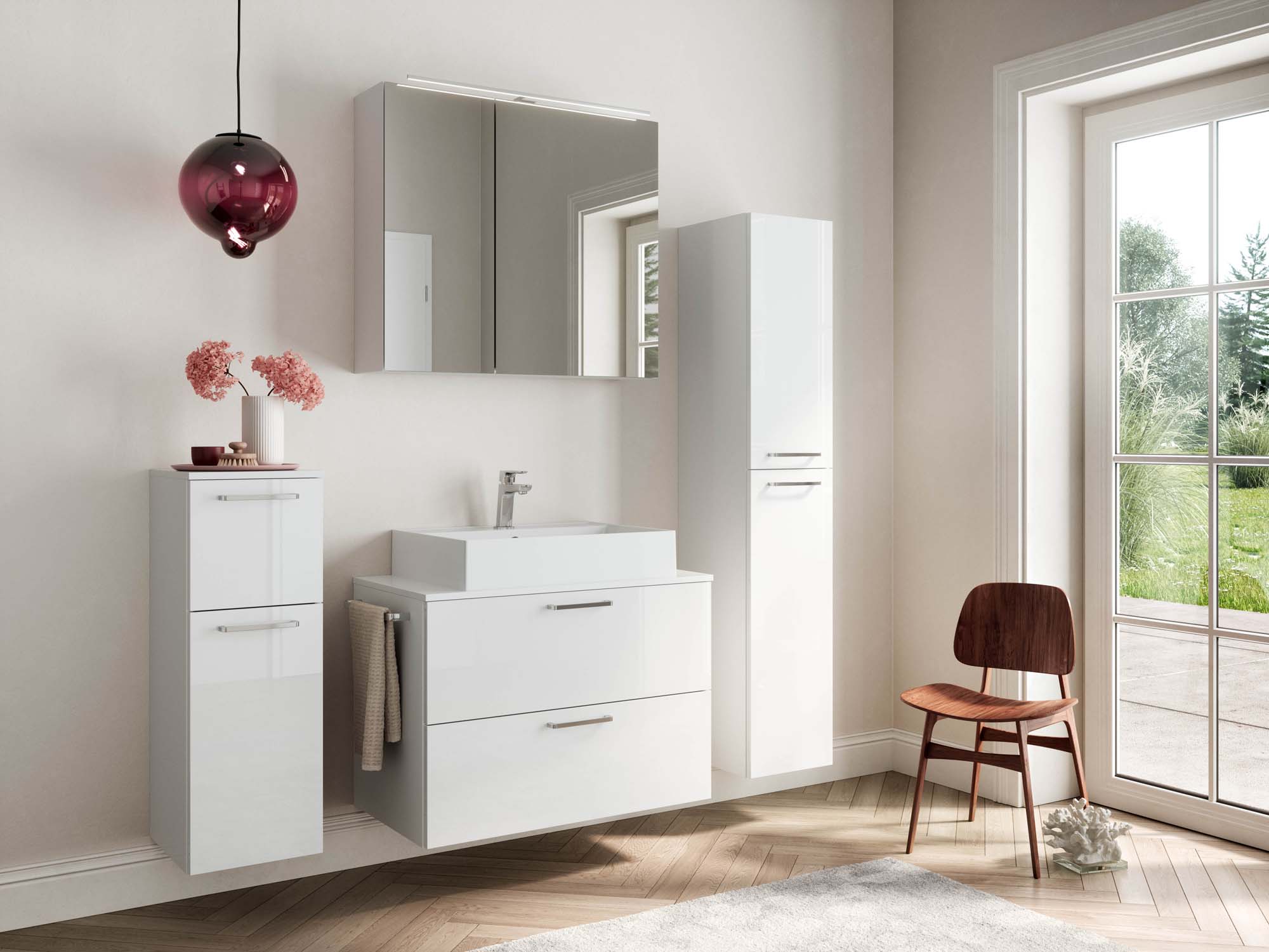 Badezimmermöbel-Set 3 Schränke weiß mit Waschtisch und Spiegelschrank nobilia 