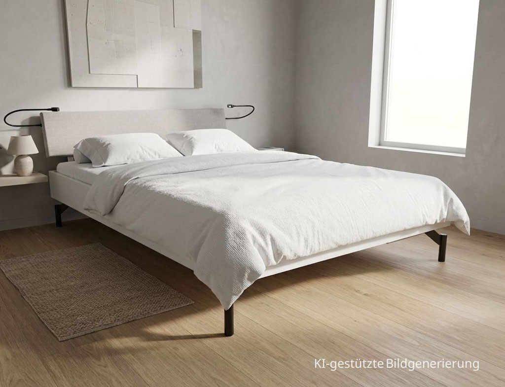 Hasena Lounge Broni weißes Bett schwarze Füße zwei Leselampen mit Bettwäsche