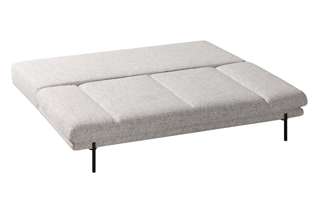 Ein schlichtes, hellgraues Schlafsofa mit modernem Design auf schwarzem Gestell