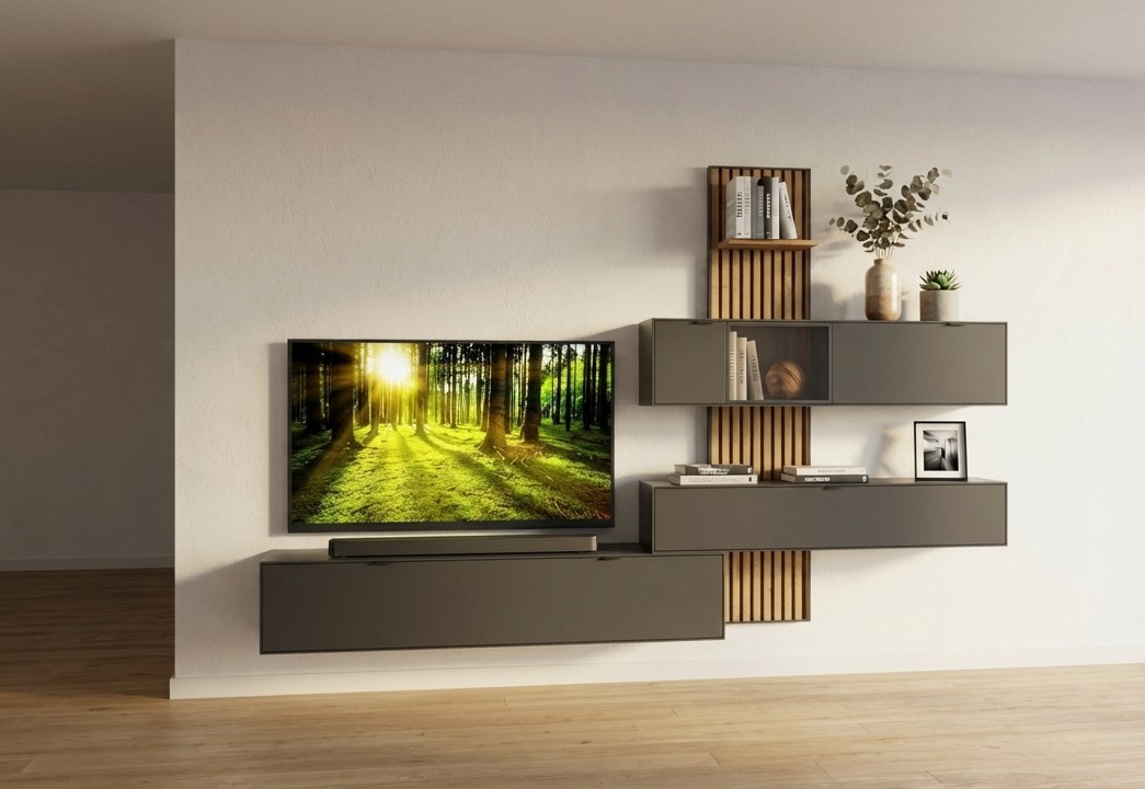 Wöstmann WM 2470 - Wohnwand inkl. Beleuchtung | Lack graphitgrau/Spaltholzakzent | B: 303,8 cm