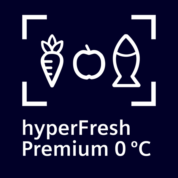 Symbol für hyperFresh Premium 0 °C Kühltechnologie mit Ikonen von Karotte, Apfel und Fisch