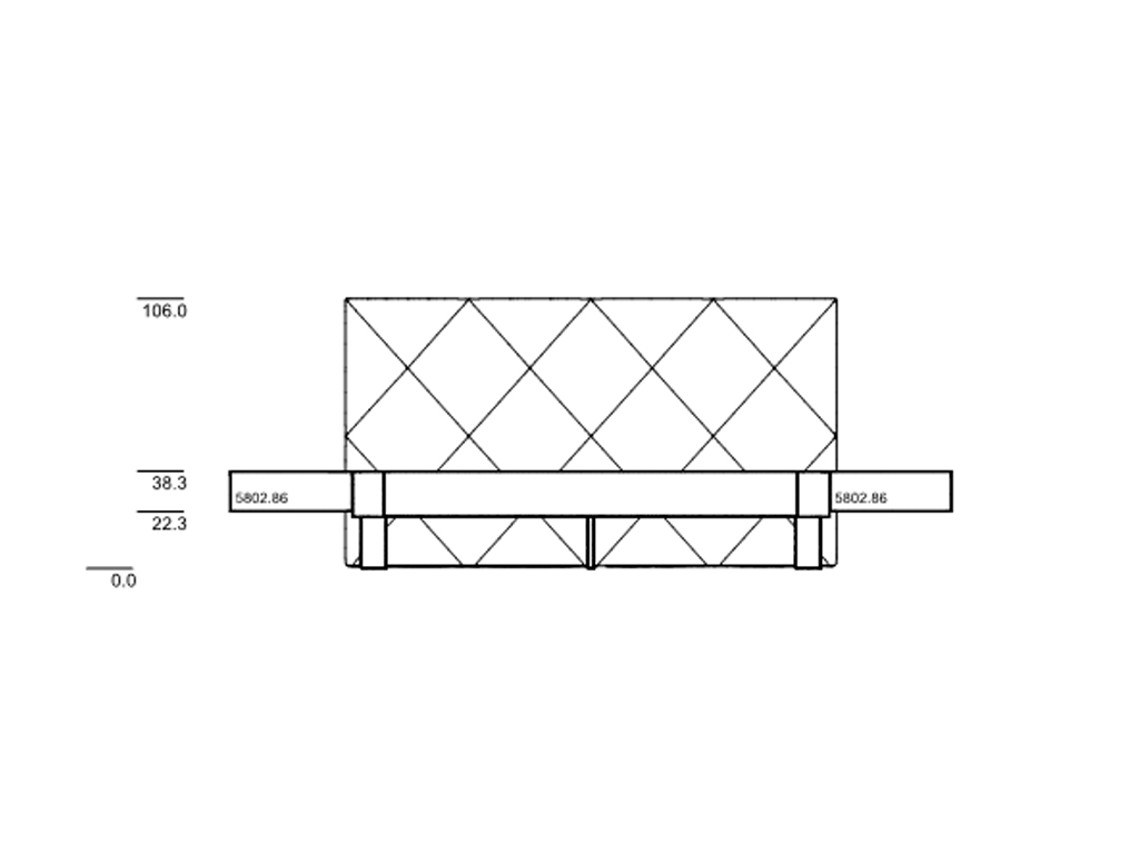 Technische Zeichnung eines modernen Sofas mit detaillierten Maßen und Rautenmustern auf der Rückenlehne.