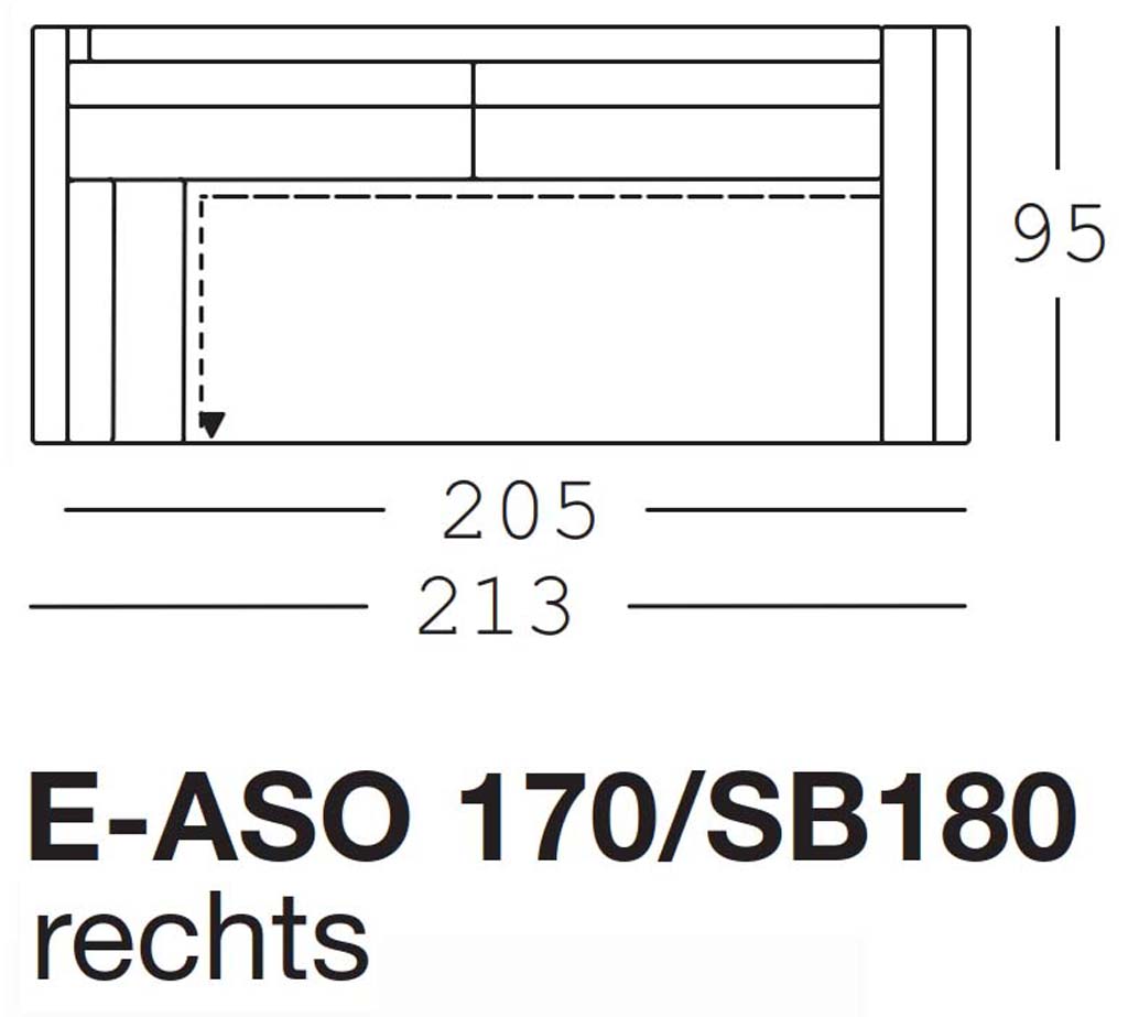 Maßzeichnung eines Sofaelements vor weißem Hintergrund freistil Rolf Benz 170