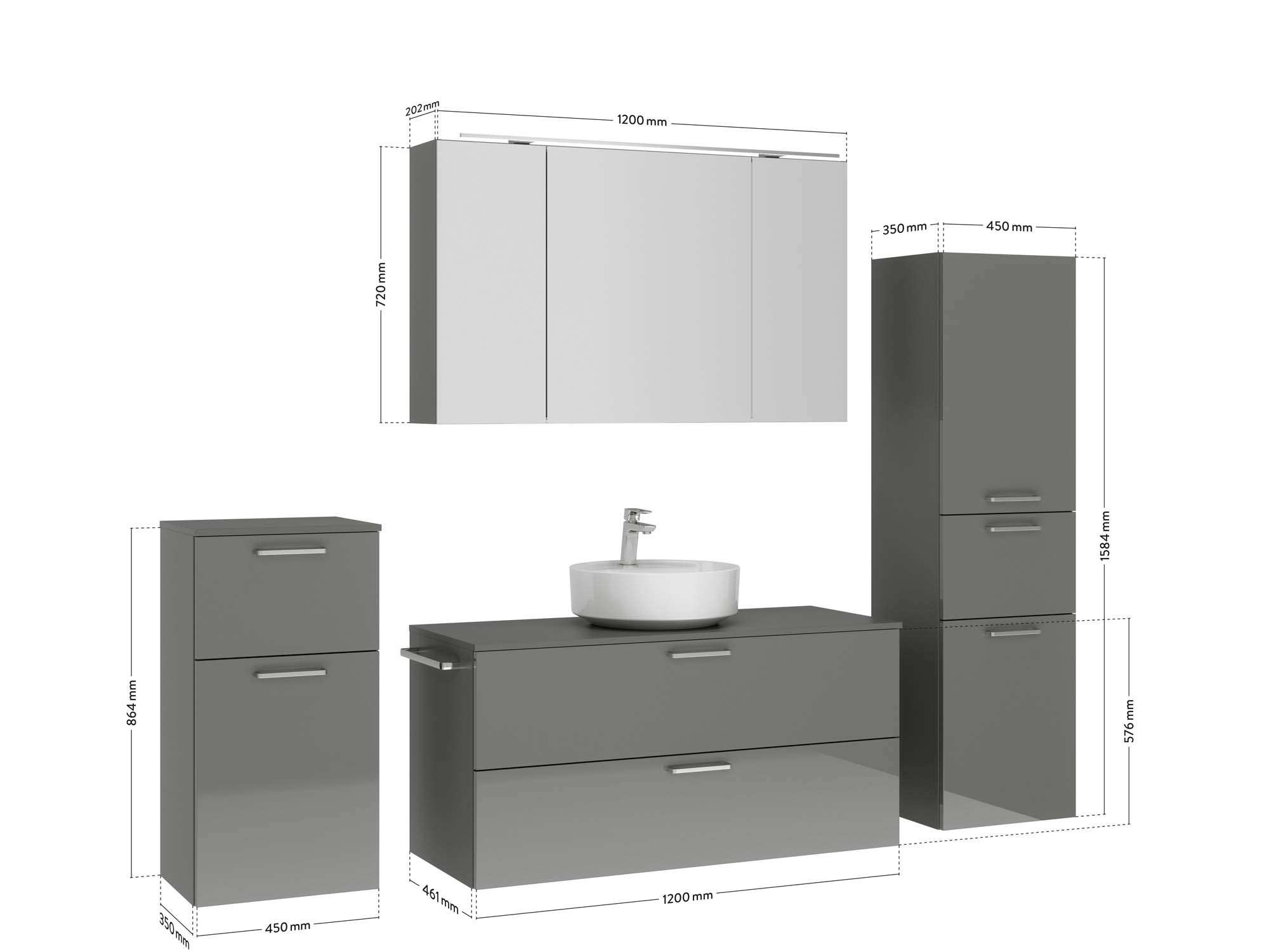 Badezimmermöbel-Set 3 Schränke grau mit Waschtisch und Spiegelschrank Maßzeichnung nobilia