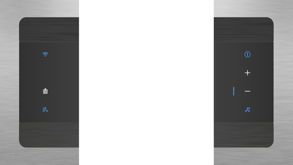Nahaufnahme einer digitalen Touchscreen-Steuerungseinheit mit WiFi- und Lüfter-Symbolen auf einem schwarzen Hintergrund
