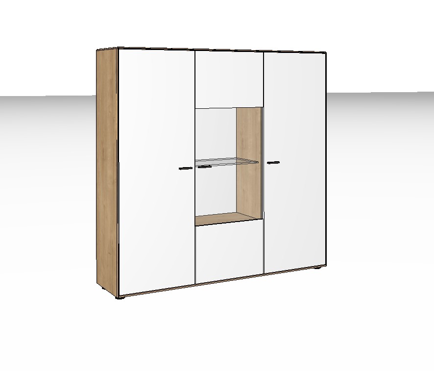 modernes weiß braunes Highboards stilvoll dekoriert in einem hellen Zimmer