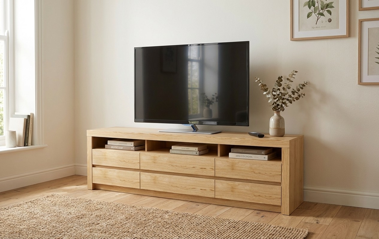 moderes braunes lowboard mit offenen fächern stilvoll dekoriert mit fernseher in einem hellen freundlichen raum