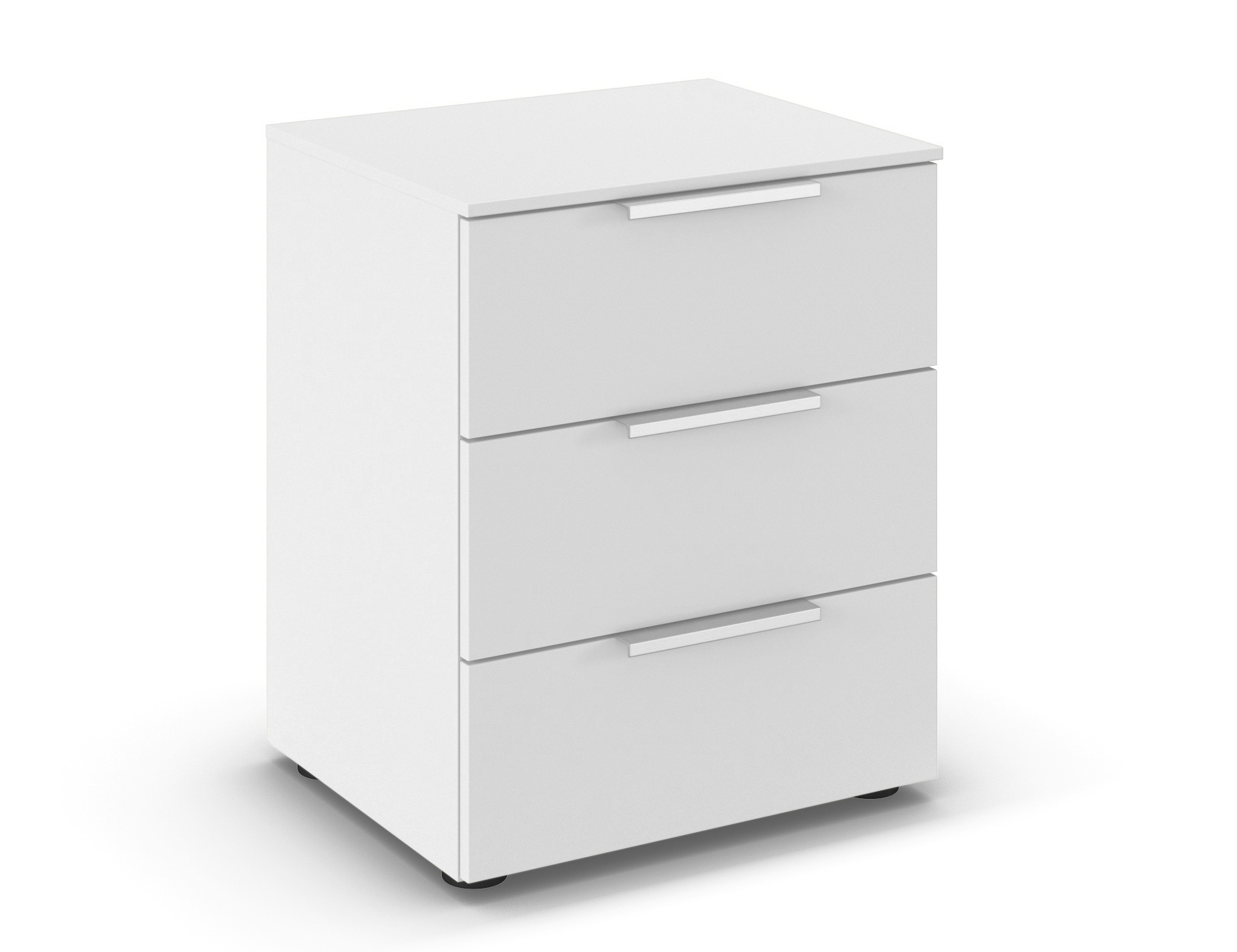 weißer Nachttisch mit drei Schubladen vor weißem Hintergrund