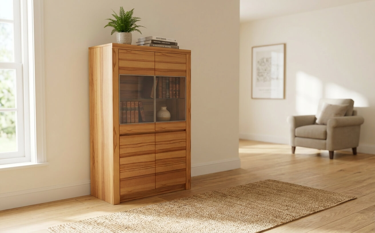 Holzvitrine mit zwei türen stilvolldekoriert in einem modernen raum mit grauer wand