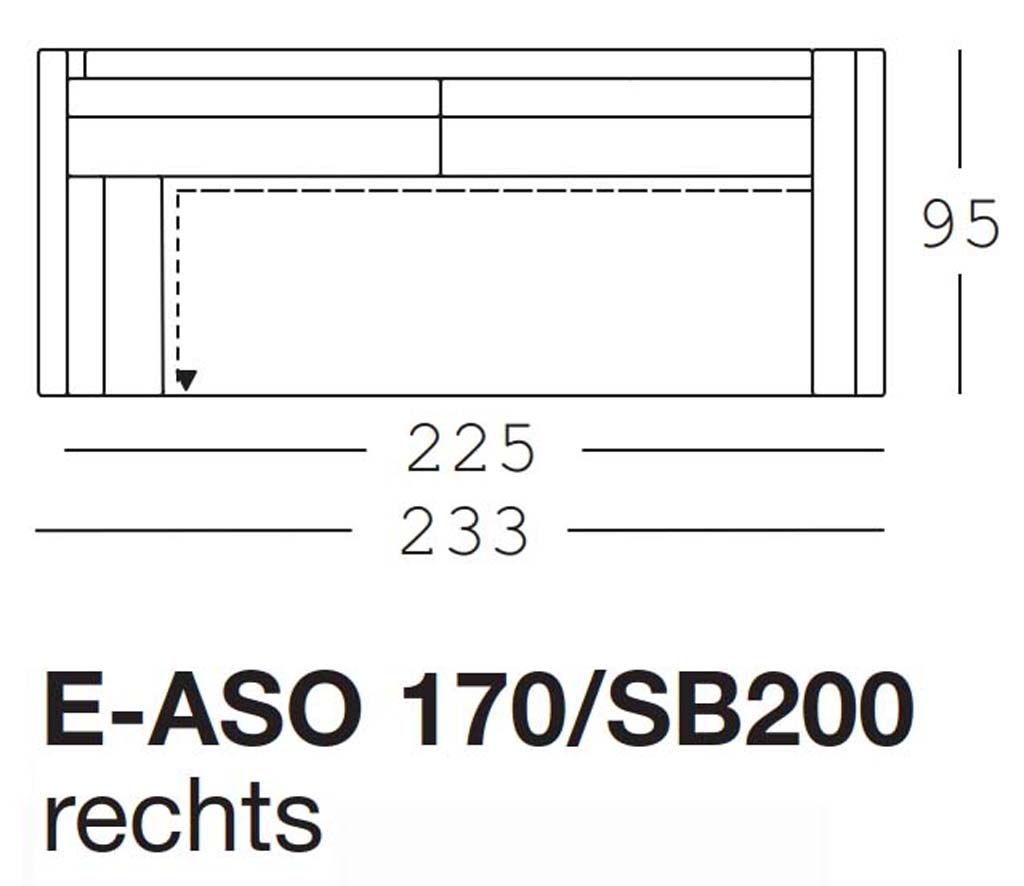 Maßzeichnung eines Sofaelements vor weißem Hintergrund freistil Rolf Benz 170