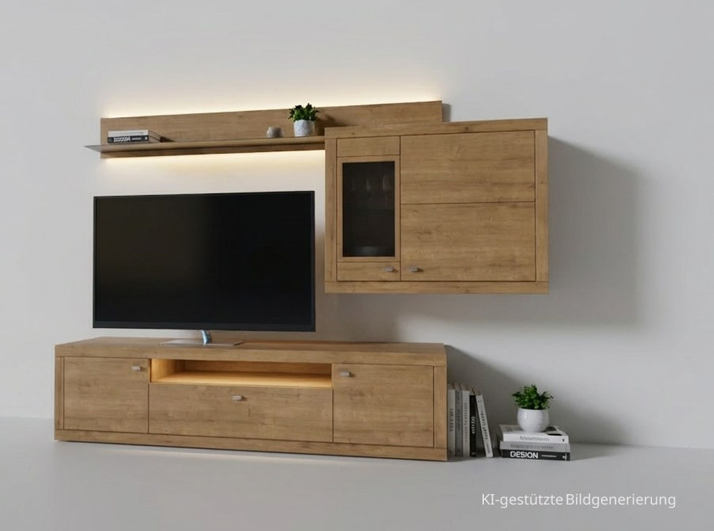 moderne braune Wohnwand stilvoll dekoriert in einem hellen Raum, Bild KI generiert