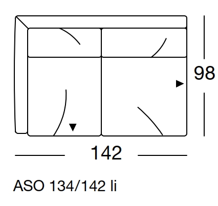 freistil Rolf Benz 134 - Anreihsofa links | B: 142 cm | ASO 134/142li Maßzeichnung eines Sofaelement vor weißem Hintergrund freistil Rolf Benz 134