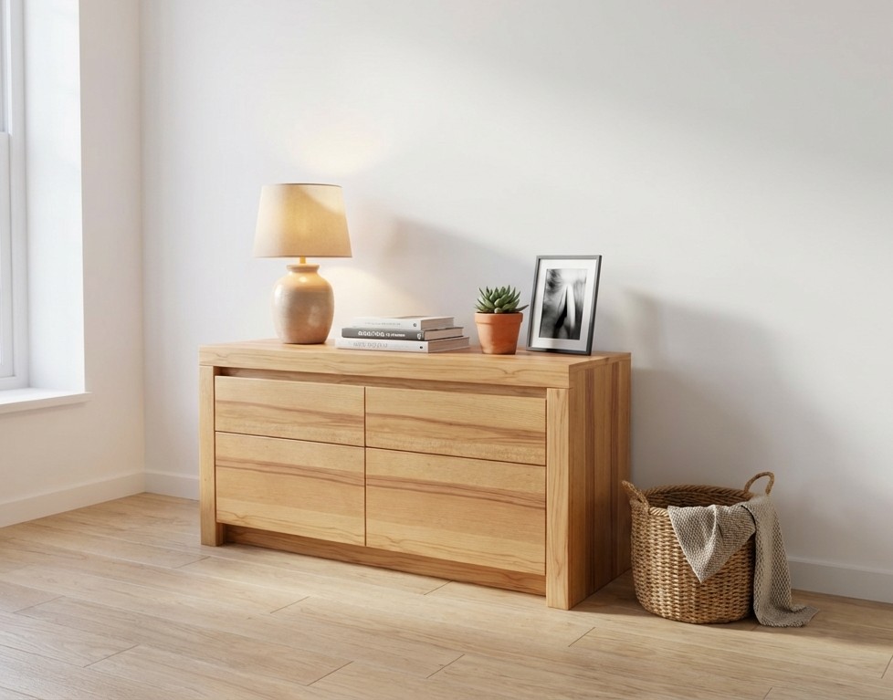 braunes Lowboard stilvoll dekoriert in einem modernen Zimmer