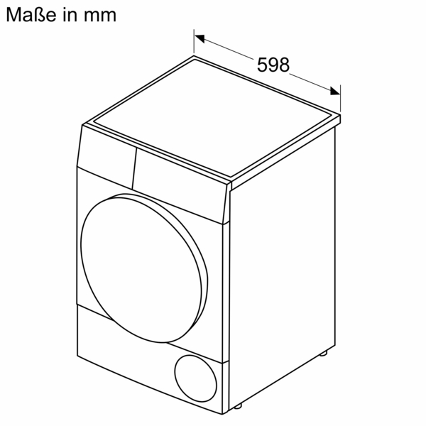 Zeichnung der Waschmaschine mit einer Breite von 598 mm, Maße in Millimetern angegeben