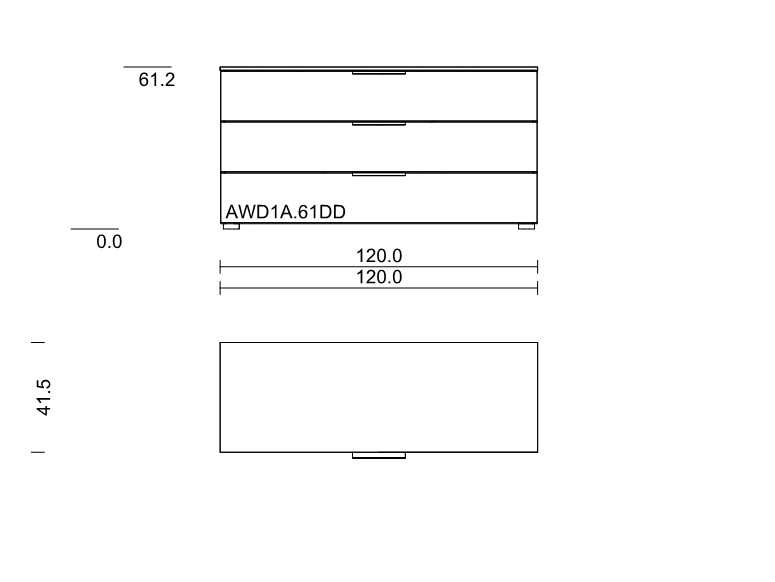 Maßzeichnung einer Kommode mit drei Schubladen vor weißem Hintergrund