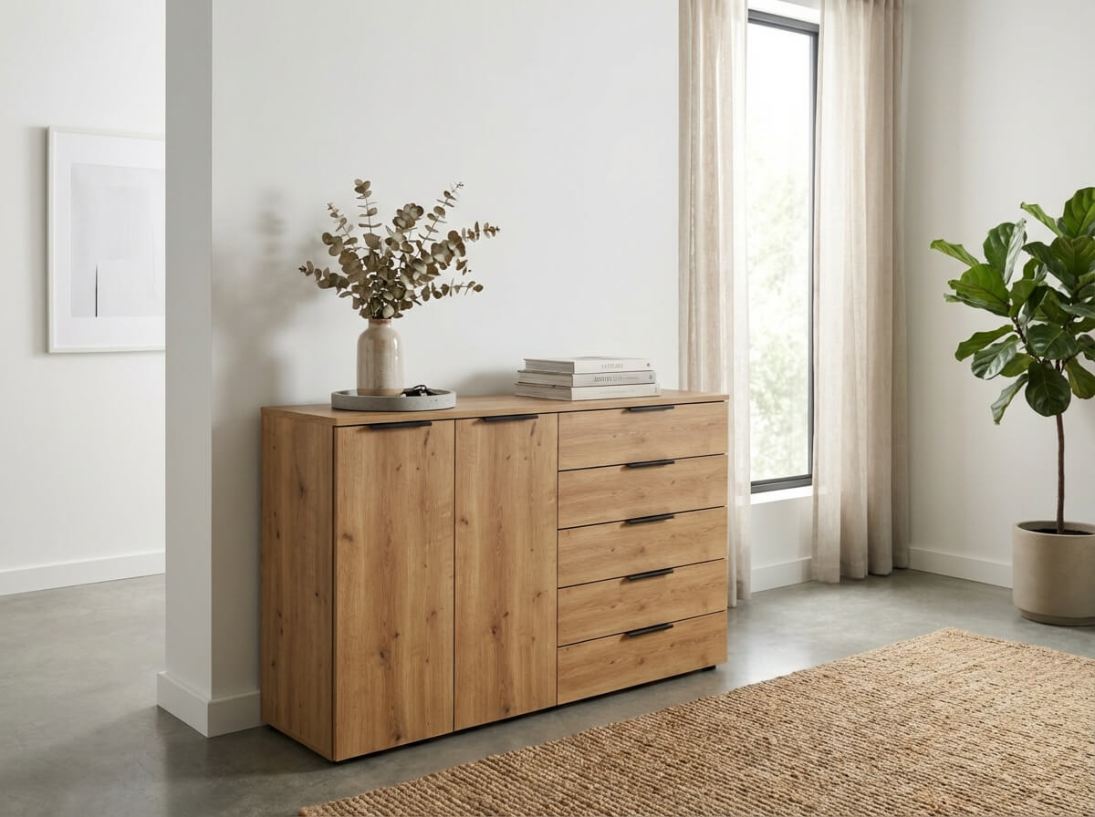 braune Holzkommode mit zwei Türen und fünf Schubladen mit schwarzen Griffen stilvoll dekoriert in einem modernen hellen zimmer