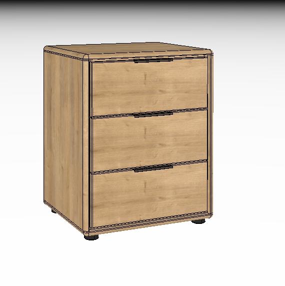 Holzschrank mit drei Schubladen und schwarzen Griffen, freistehend auf hellgrauem Hintergrund