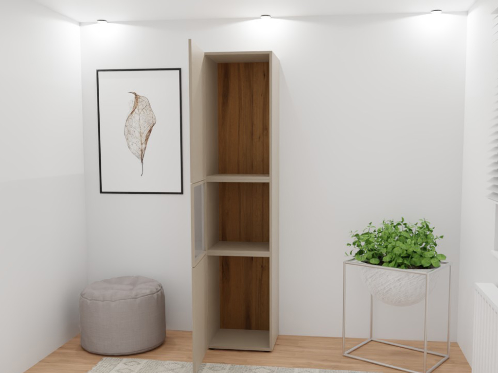 Modern eingerichtetes Zimmer mit offenem Holzschrank, Kunstwerk an der Wand, kleinem Hocker und Pflanze auf Metallständer
