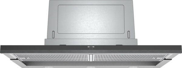 Siemens studioLine - Flachschirmhaube iQ500 (90 cm) INKL. 5 JAHRE GARANTIE | LI97SA561S Frontansicht einer modernen Einbau-Dunstabzugshaube in Edelstahloptik mit zwei Filtern und einem schlichten Design.