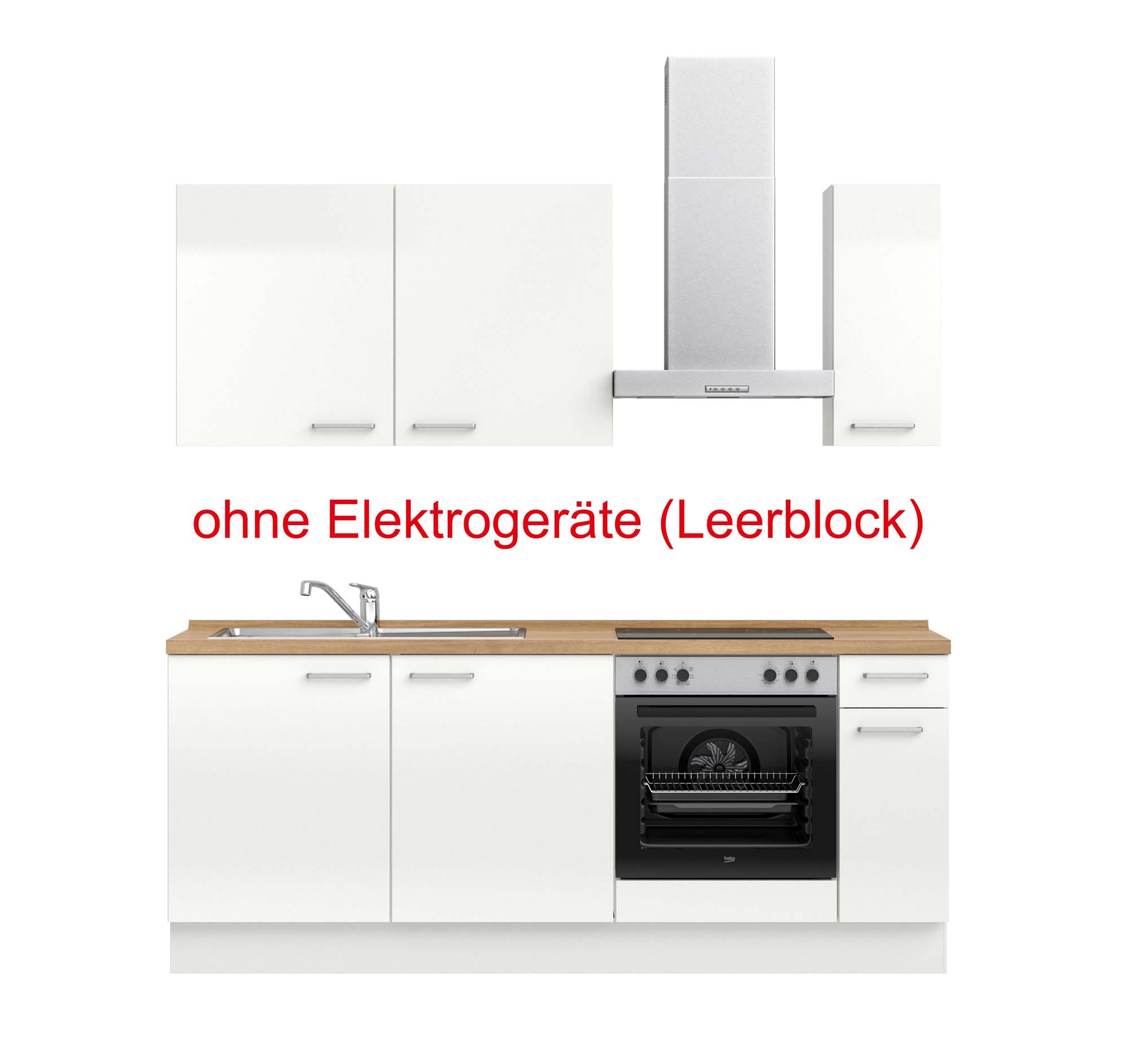 küchenzeile weiß, braun mit Backofen, Herd, Dunstabzugshaube, Waschbecken, Armatur mit Hinweistext ohne Elektrogeräte (Leerblock) nobilia flash