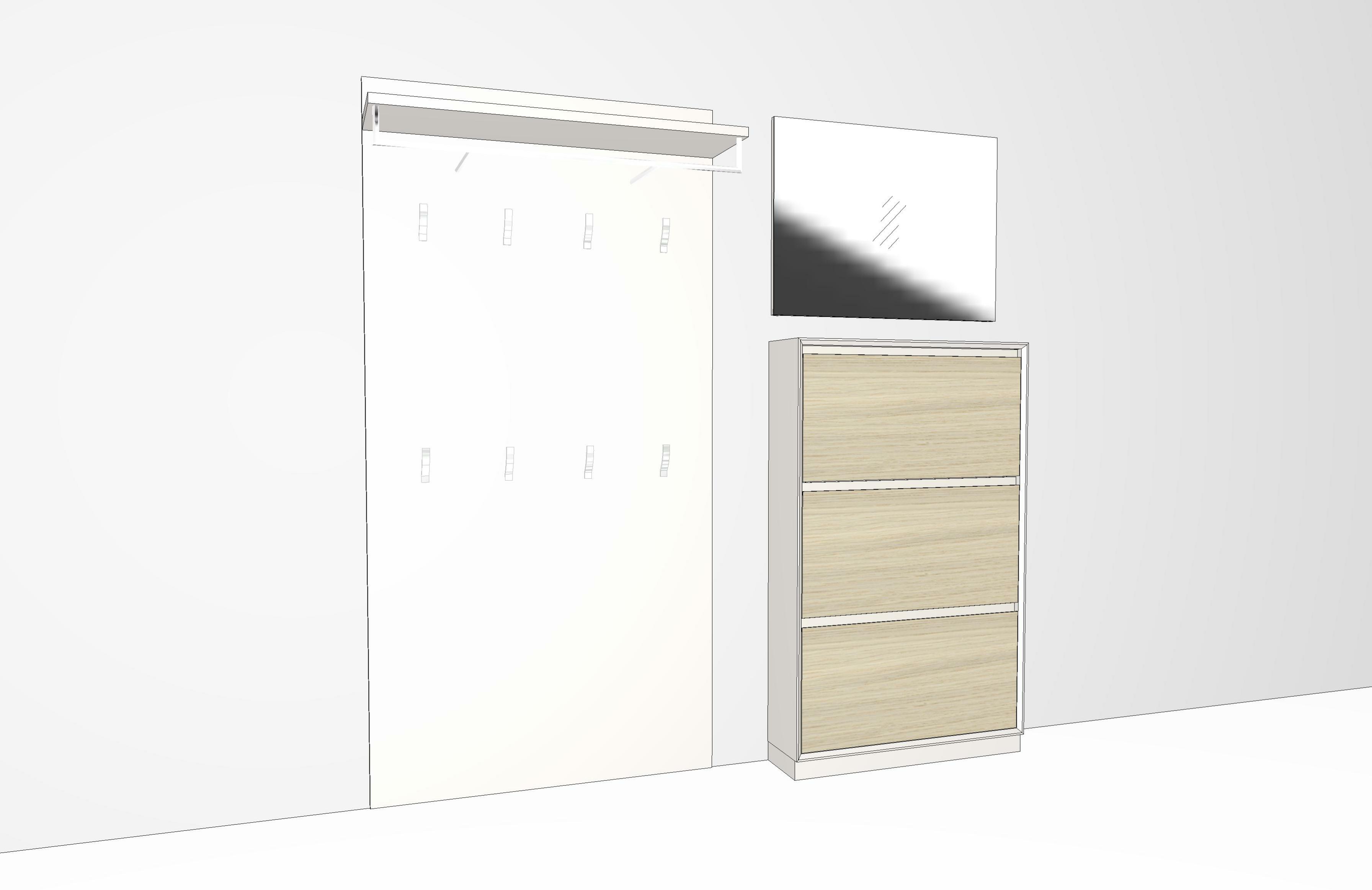 Schuhschrank mit drei Fächern und einem darüber hängenden Spiegel, ideal für Flur oder Garderobe