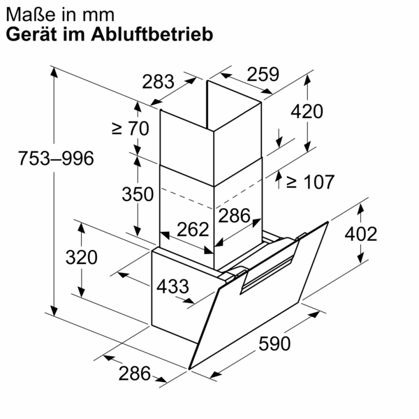 Technische Zeichnung mit Maßen in Millimetern einer Dunstabzugshaube im Abluftbetrieb, einschließlich Höhe, Breite und Tiefe