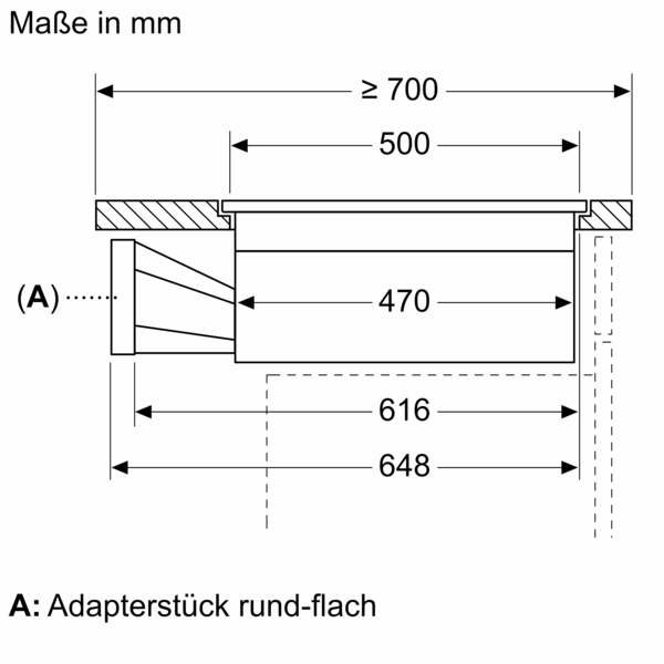 Zeichnung eines Adapterstücks rund-flach mit Maßangaben: 470 mm, 500 mm, 616 mm, 648 mm, mindestens 700 mm. Beschriftung mit Buchstabe A für das Adapterstück.