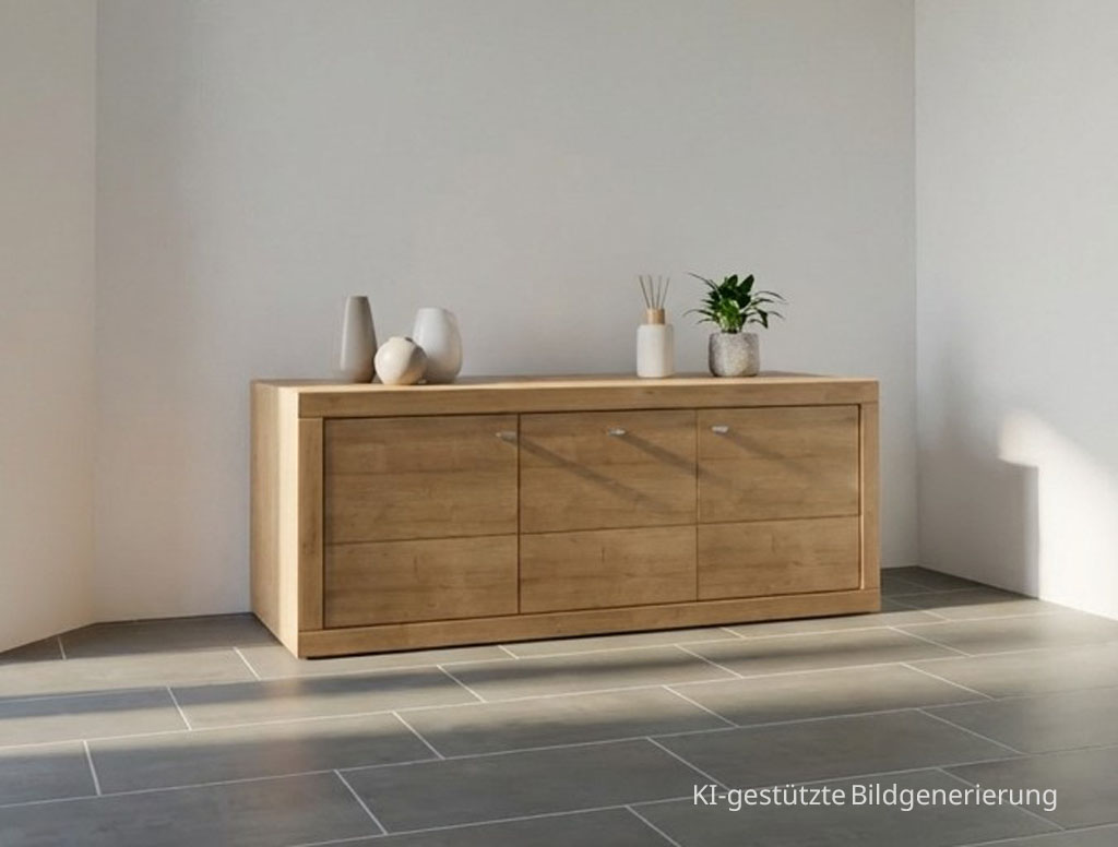 modernes braunes Lowboard stilvoll dekoriert in einem hellen Raum, Bild KI generiert